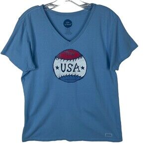 LIFE IS GOOD Baseball USA Crusher Tee Jersey T-Shirt Women Classic Blue Size L
